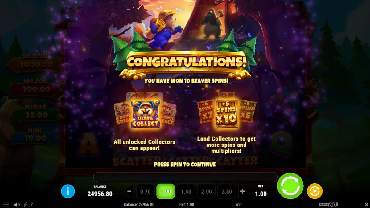 Tampilan antarmuka seluler slot Gnaw’n Gold dengan tema hutan dan berang-berang.
