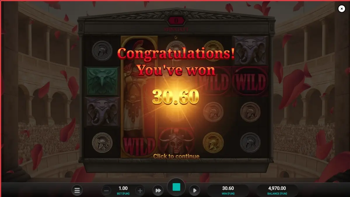 Tampilan visual slot Arena of Fortune dengan latar belakang Colosseum dan simbol gladiator.
